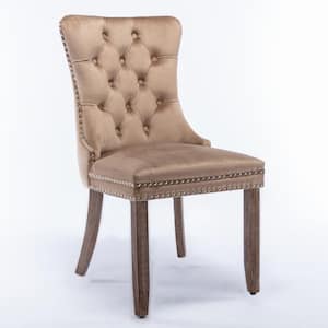 Khaki Velvet Upholstered Dining Chair with Wood Legs Nailhead Trim (Set of 2)