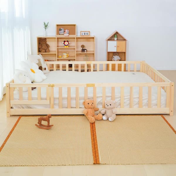 BOZTIY Full Toddler Floor Bed Montessori Floor Bed with Rails and Lockable Door Full Size Kid Beds for Toddlers, Natural Wood