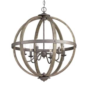 Keowee 24-1/4 in. 6-Light Artisan Black Iron with White Wood Accents Coastal Orb Chandelier for Kitchen Bulbs Included