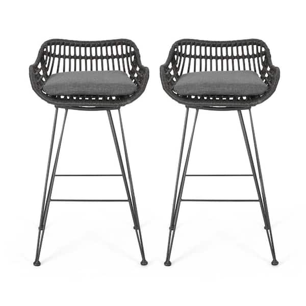 Benjara Swivel Metal Outdoor Bar Stool with Gray Cushion (Set of 2)