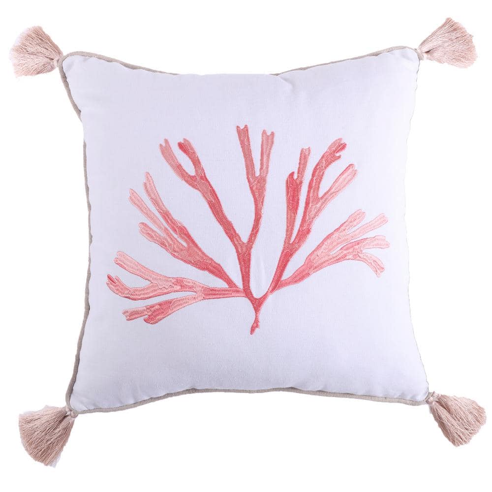 LEVTEX HOME White, Coral Pink, Beige Embroidered Coral With Corner