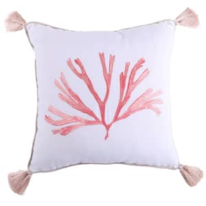 White, Coral Pink, Beige Embroidered Coral With Corner Tassels 18 in. x 18 in. Throw Pillow