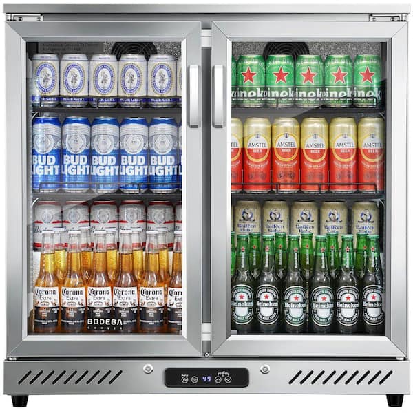 35 in. 7.4 cu. ft . Single Zone 216-Can Beverage Cooler Under Counter Bar Refrigerator w/LED Lighting in Stainless Steel