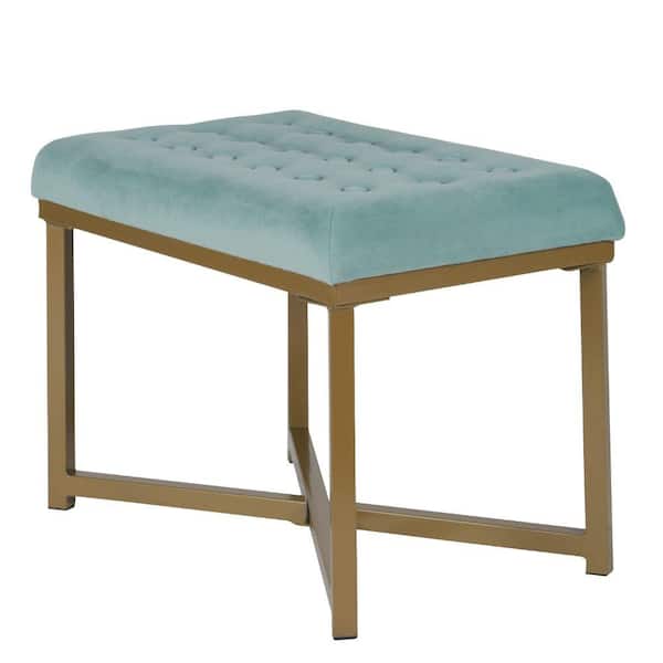 Benjara Teal Blue and Gold Metal Framed Bench with Button Tufted Velvet Upholstered Seat 16 in. L x 24 in. W x 17.5 in. H