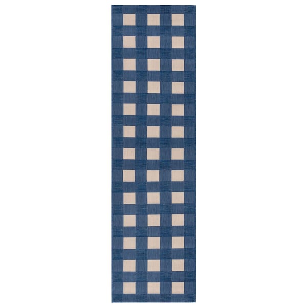 Courtyard Blue/Beige 2 ft. x 8 ft. Plaid Grid Indoor/Outdoor Runner Rug