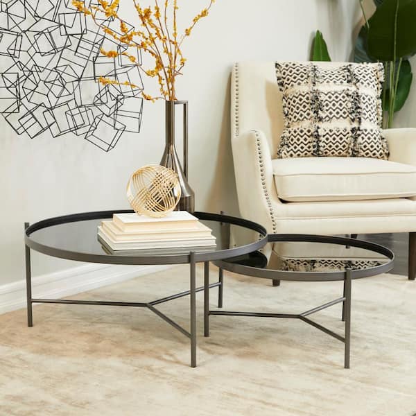 Litton Lane 32 in. Black Medium Round Metal Nesting Coffee Table with Shaded Glass Top (2- Pieces)