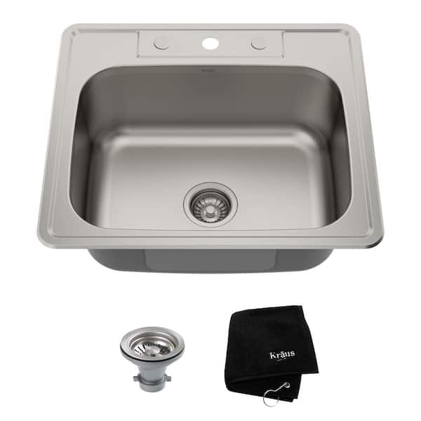 KRAUS Premier Kitchen 25 in. Drop-In Single Bowl 18 Gauge Satin Stainless Steel Kitchen Sink with Accessories
