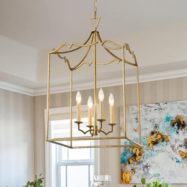 HUOKU Haven 4-Light 17.3 in. W Aged Gold Chandelier with Open Cage