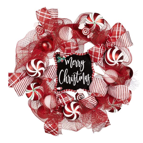 Home Accents Holiday 20 in. Merry Mesh Wreath with Merry Christmas Sign