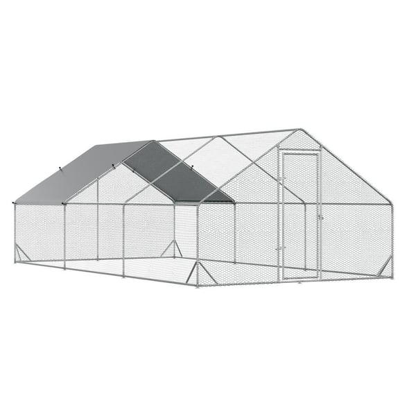 PawHut 10 ft. x 20 ft. x 6.5 ft. Large Outdoor Silver Metal 0.0046-Acre In-Ground Chicken Coop with Cover and Lockable Door