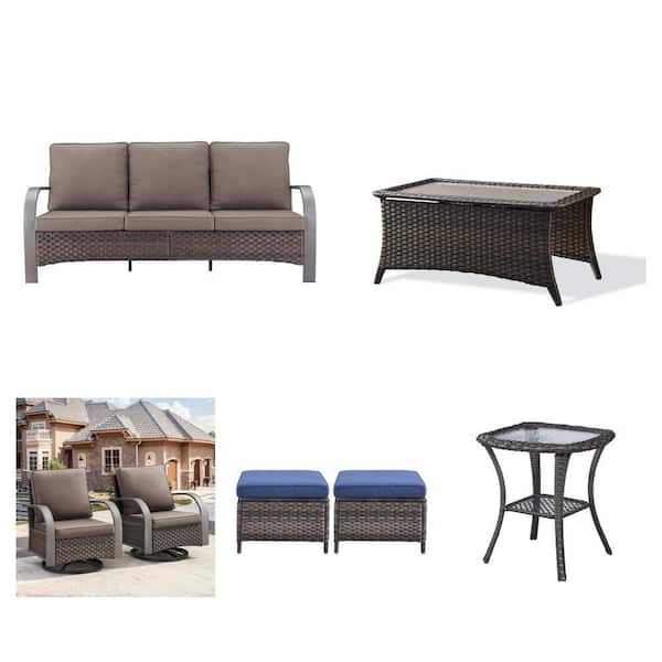 Iron Bend 3-Seat Brown Wicker Sofa, Coffee Table, 2-Pack Glider Rocking Chair, 2-Pack Ottoman, and Side Table Combo
