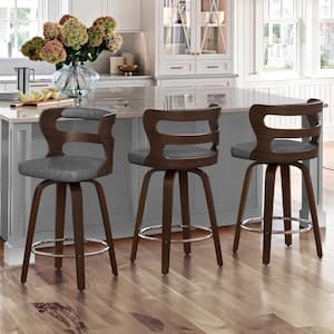 26 in. Gray Faux Leather and Deep Walnut Wood Mid-Century Modern Swivel Counter Height Bar Stool (Set of 3)
