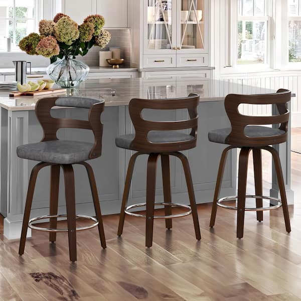 cozyman 26 in. Gray Faux Leather and Deep Walnut Wood Mid-Century Modern Swivel Counter Height Bar Stool (Set of 3)