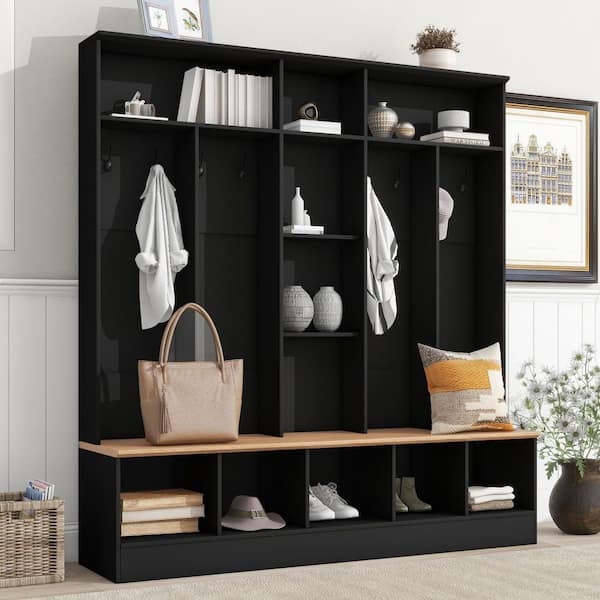 Lamb Multifunctional 4-in-1 Black Entryway Hall Tree with Shoe Storage Bench, Display Shelves, and Hooks