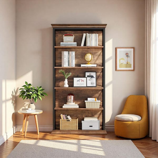 Brown 70.9 in. Tall Wood 5-Shelf Etagere Bookcase with Storage, Indsutrial Bookshelf with Metal Frame for Home Office
