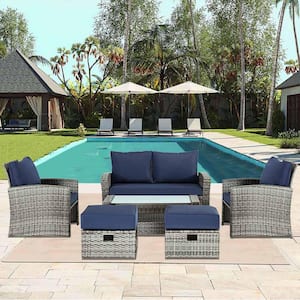 6 -Piece Gray Wicker Rattan Patio Outdoor Sectional Set with Coffee Table, Wicker Sofas, Ottomans, Blue Cushions