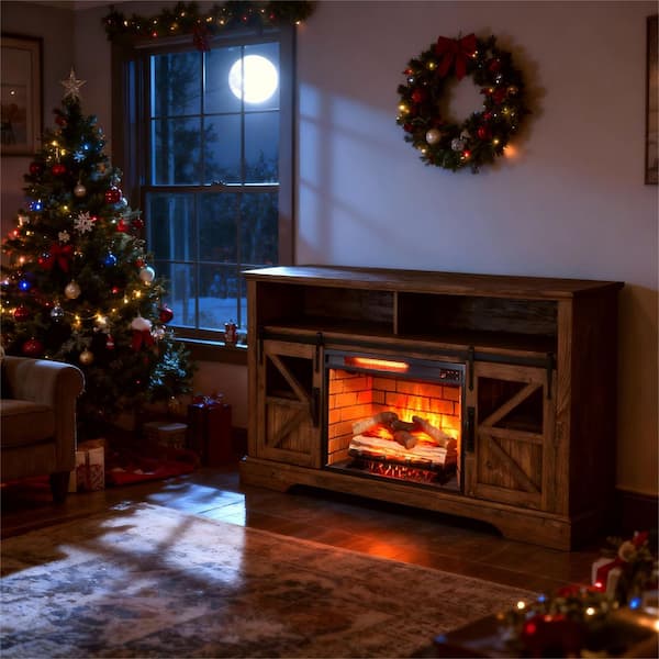 60 in. Freestanding Electric Fireplace TV Stand in Reclaimed Barnwood with Door Sensor