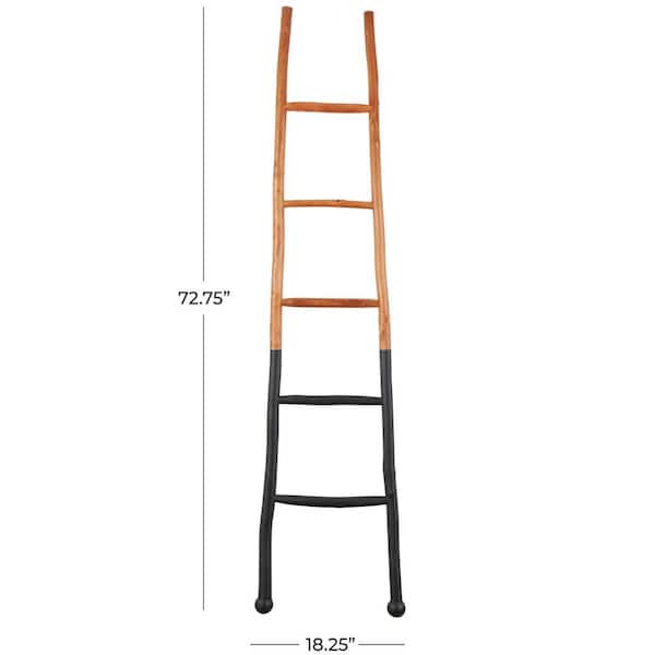 73 in. Tall Brown Handmade Wood 2-Toned Slanted Ladder with Wider Base and Ball Feet