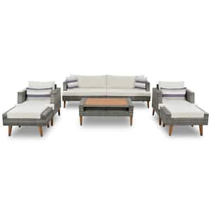Gray 6-Piece Wicker Patio Conversation Set with White Cushion and Ottoman