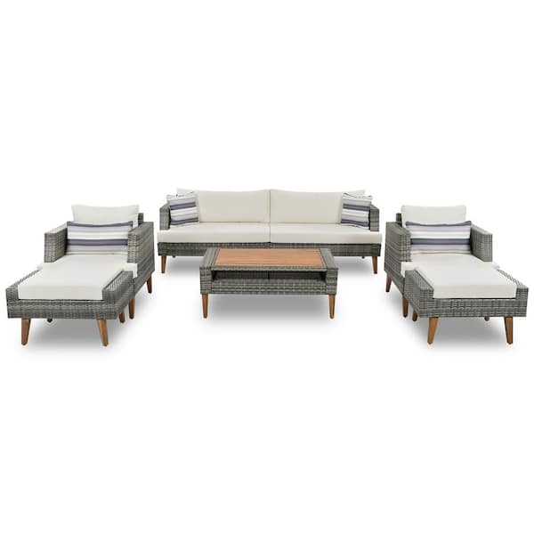 Gray 6-Piece Wicker Patio Conversation Set with White Cushion and Ottoman
