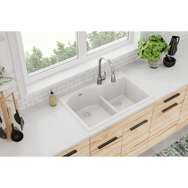 Quartz Classic 33 in. Drop-in Offset 60/40 Double Bowl White Granite/Quartz Composite Kitchen Sink Only