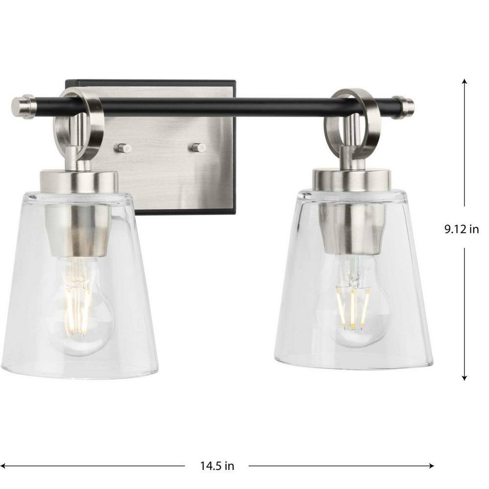 Cassell 2-Light Brushed Nickel and Matte Black Vanity Fixture with Clear Glass Shades