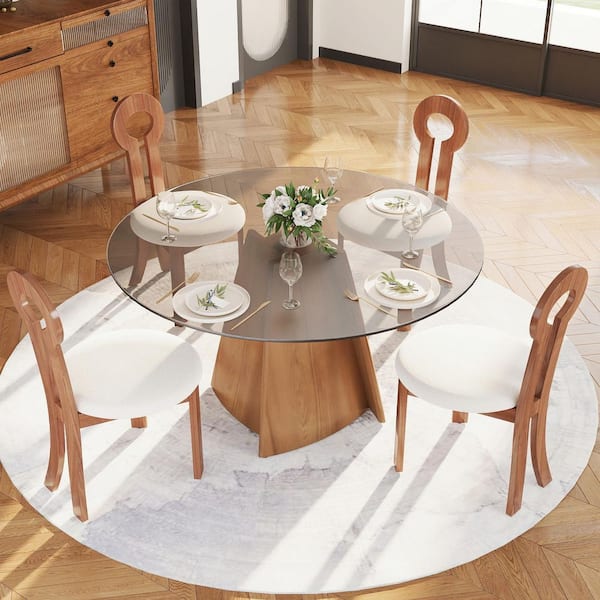 Round 53 in. Walnut Tempered Glass Tabletop with Pedestal Base Dining Table (Seats 6)