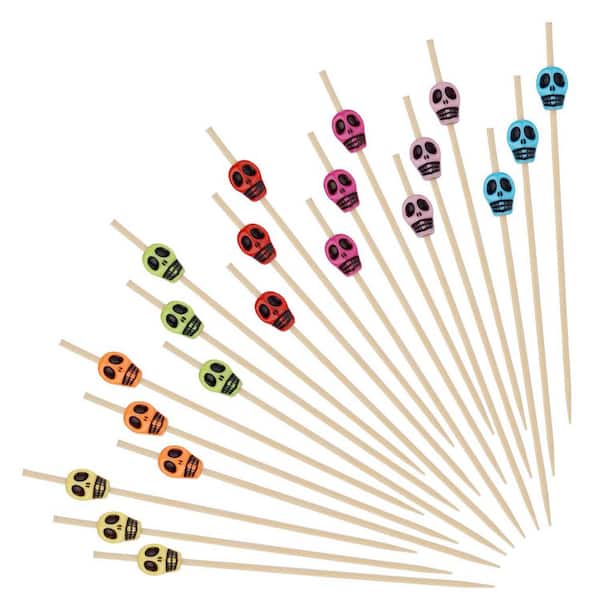 200-Piece Wooden Skull Cocktail Picks, 4.72-Inch Decorative Skewers for Drinks and Appetizers