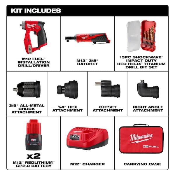 M12 FUEL 12V 4-in-1 Installation 3/8 in. Drill Driver Kit with M12 3/8 in. Ratchet with 15-Pc Titanium Set