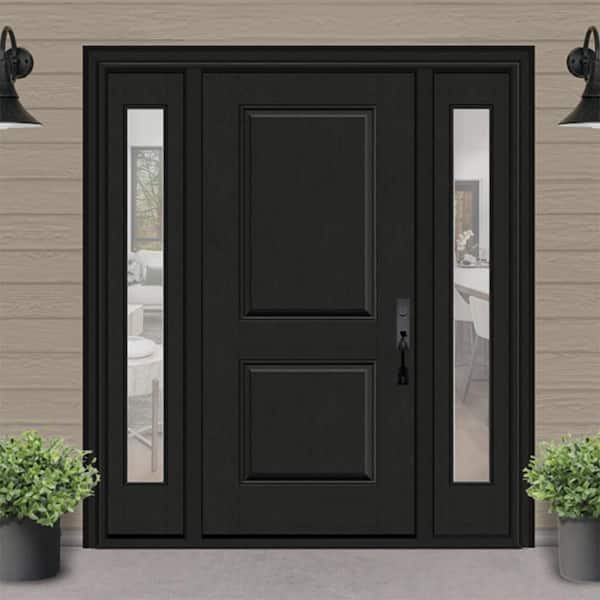 Regency 68 in. x 80 in. 2P Squaretop LHIS Onyx Stain Mahogany Fiberglass Prehung Front Door with Clear 14 in. SLs 4-9/16