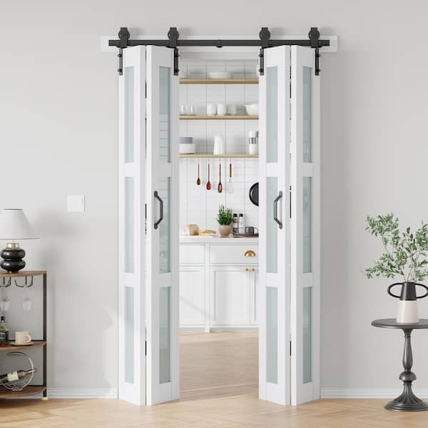 48 in. x 84 in. 3/4 Lite Frosted Glass Solid Core MDF White PVC Bi-fold Door with Hardware