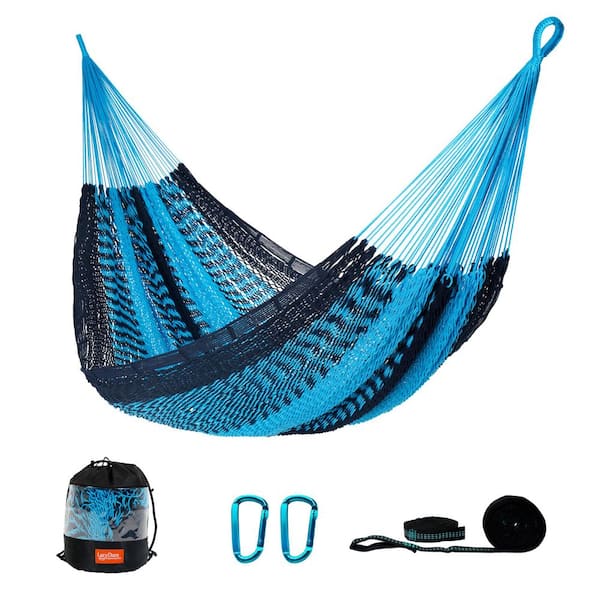 AURA OUTDOOR 12.5 ft. x 7.5 ft. Handwoven Outdoor Double Rope Mayan Hammock Bed with Carring Bag, Blue