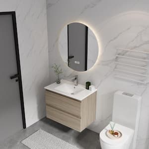 24 in. W x 18.3 in. D x 20.5 in. H Wall Mounted Bath Vanity in Light Oak with White Ceramic Top, Single Sink, Soft Close