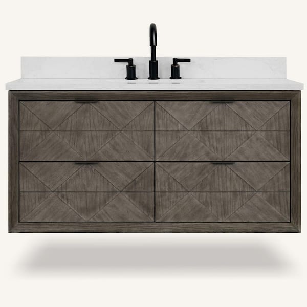 Solid Wood Contemporary 48 in. Wall Mount Grey Oak Bath Vanity with White Artificial Stone Top Assembled