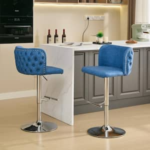 Blue Leather Metal Swivel Outdoor Bar Stool, Adjusatble Seat Height with Chrome Base (Set of 2) for Home, Kitchen Island