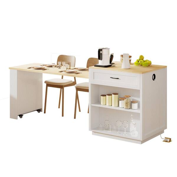 White Oak Wood 23.6  in. Kitchen Island with 2 Drawers and 2 Side Open Shelves for 4-6 Person
