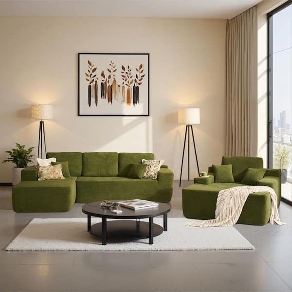 Lettu 104 in. Wide Arm 3-Piece Cloud Velvet Fabric L-Shaped Modular Sectional Sofa Set with Left Chaise Lounge in Green