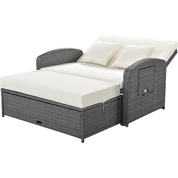 Unbranded 2-Person PE Wicker Rattan Outdoor Day Bed, Reclining Daybed with Adjustable Back and White Cushions for Poolside, Yard