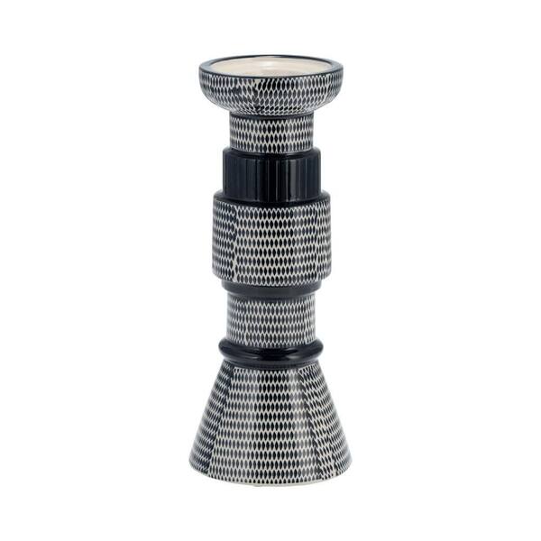 12 in. Blue/White Ceramic Pillar Candle Holder with Geometric Detail