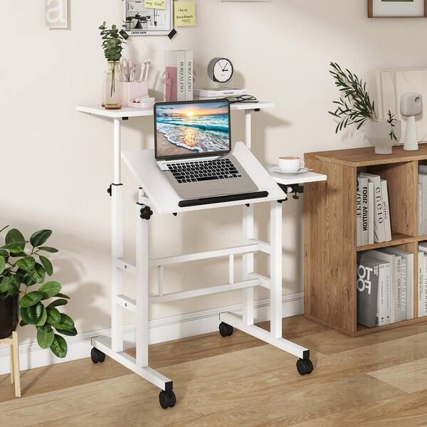 Gymax White 27.5 in. Adjustable Computer Desk Mobile Stand up Desk
