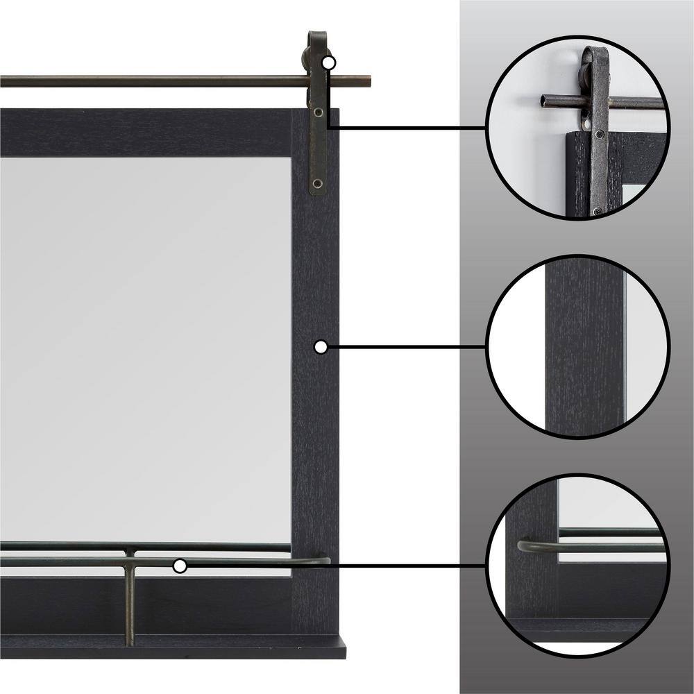 Black Wood Rectangular Barn Door Mirror with Shelf
