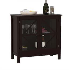 Brown Wood 31.5 in. Kitchen Island Cabinet with Double Glass Doors with Brushed Nickel Knobs and Square Tapered Legs