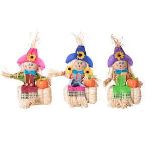 Outdoor Fall Decor Halloween Scarecrow for Garden Ornament Sitting on Hay Bale, Straw Multicolor, Set of 3,12 in.