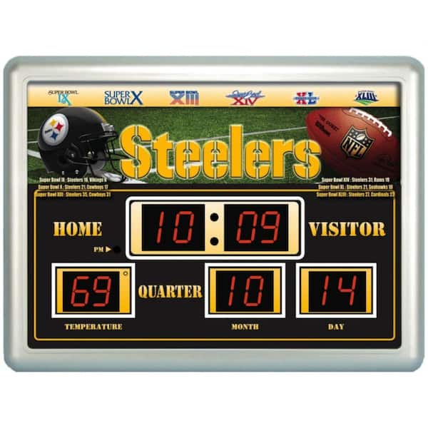 Team Sports America Pittsburgh Steelers 14 in. x 19 in. Scoreboard Clock with Temperature