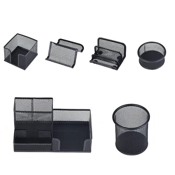 6 Piece Set Black Mesh Desk Organizer Office Supply Set with Pen Holders, Paper Clip Holder, Letter Holder