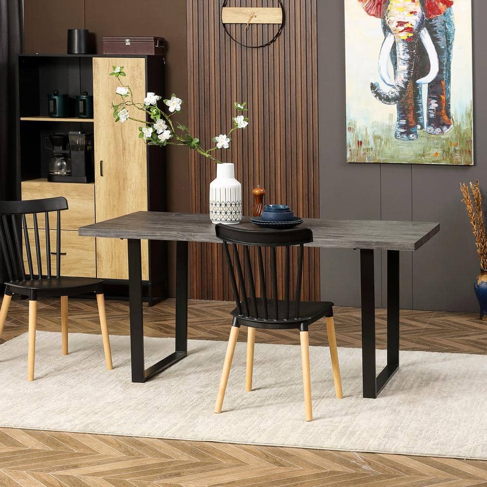 Wavy-Edge Gray Wood Dining Table with Steel Legs for Six
