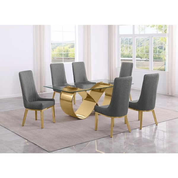 Best Quality Furniture Garrett 7-Piece Clear Tempered Glass Top with Gold Stainless Steel Base Dining Set with 6 Dark Grey Chairs