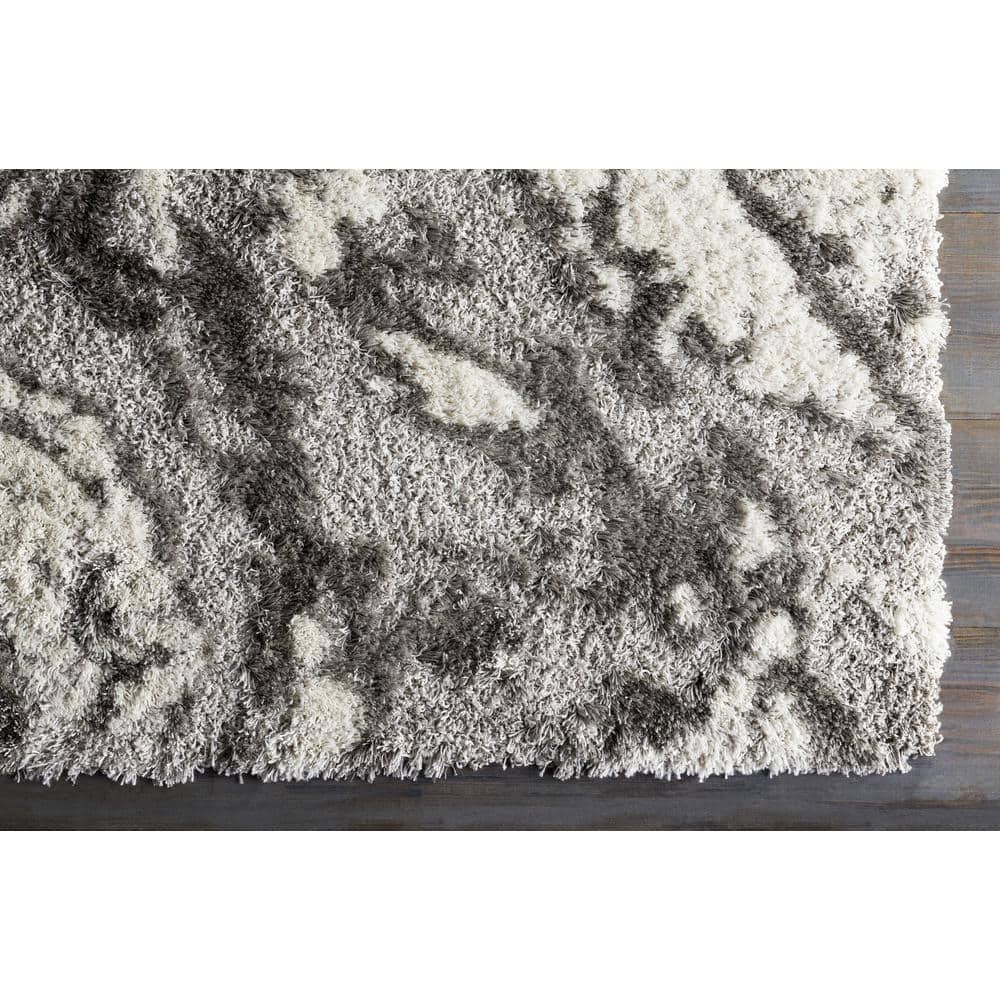 Gray and Off-White Abstract Shag Area Rug, 6'7" x 9'