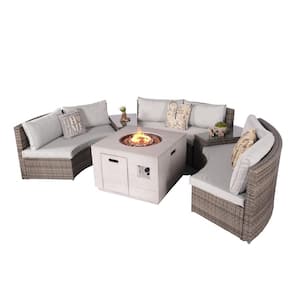 Cedar Half Moon Grey 6-Piece Wicker Outdoor Sectional Set Firepits with Grey Cushions