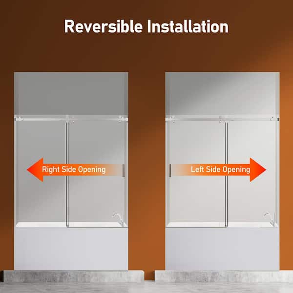 Reversible 56 to 60 in. W x 60 in. H Frameless Sliding Tub Door in Chrome with Soft-Close and Tempered Clear Glass